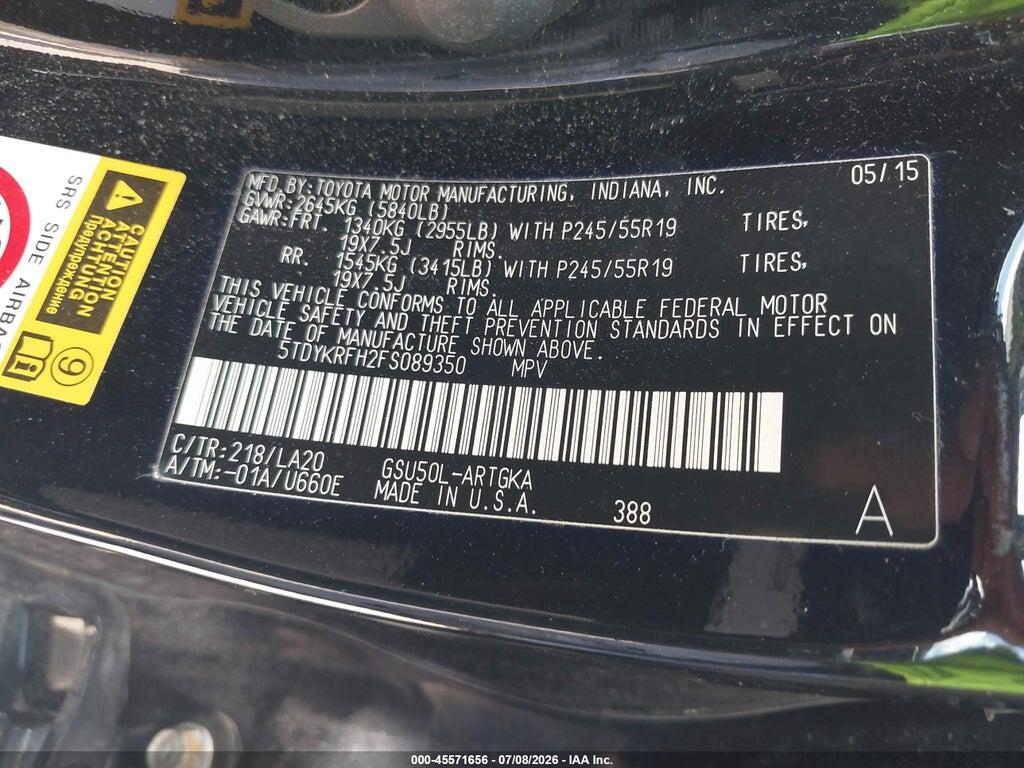 5TDYKRFH2FS089350 2015 TOYOTA HIGHLANDER photo no. 9