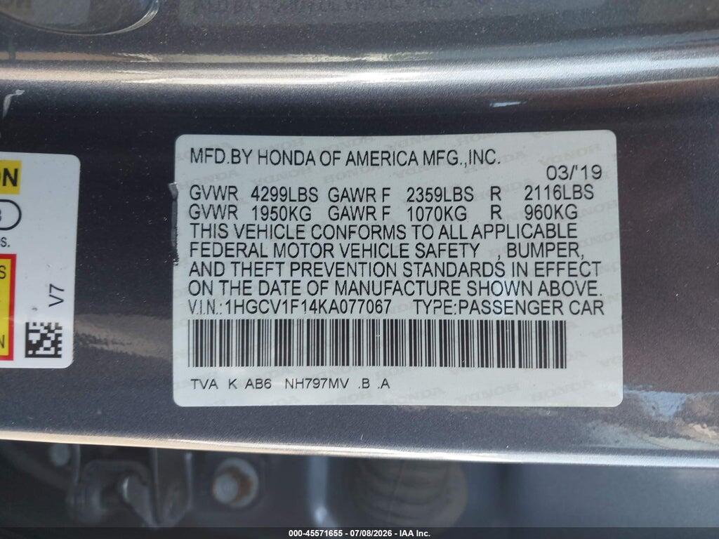 1HGCV1F14KA077067 2019 HONDA ACCORD photo no. 9
