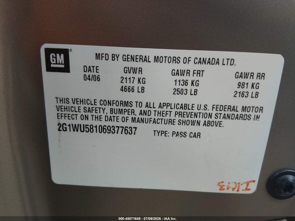 2G1WU581069377637 2006 CHEVROLET IMPALA photo no. 9