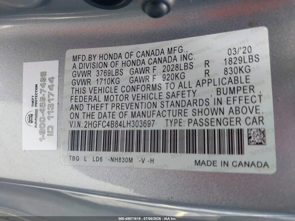 2HGFC4B84LH303697 2020 HONDA CIVIC photo no. 9