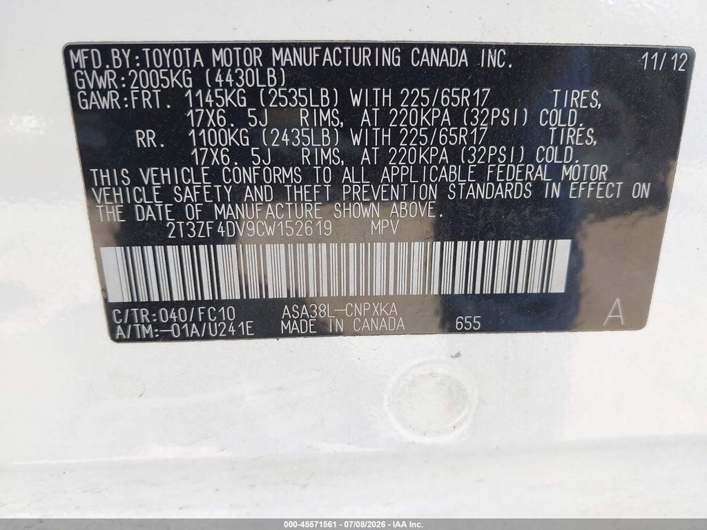 2T3ZF4DV9CW152619 2012 TOYOTA RAV4 photo no. 9