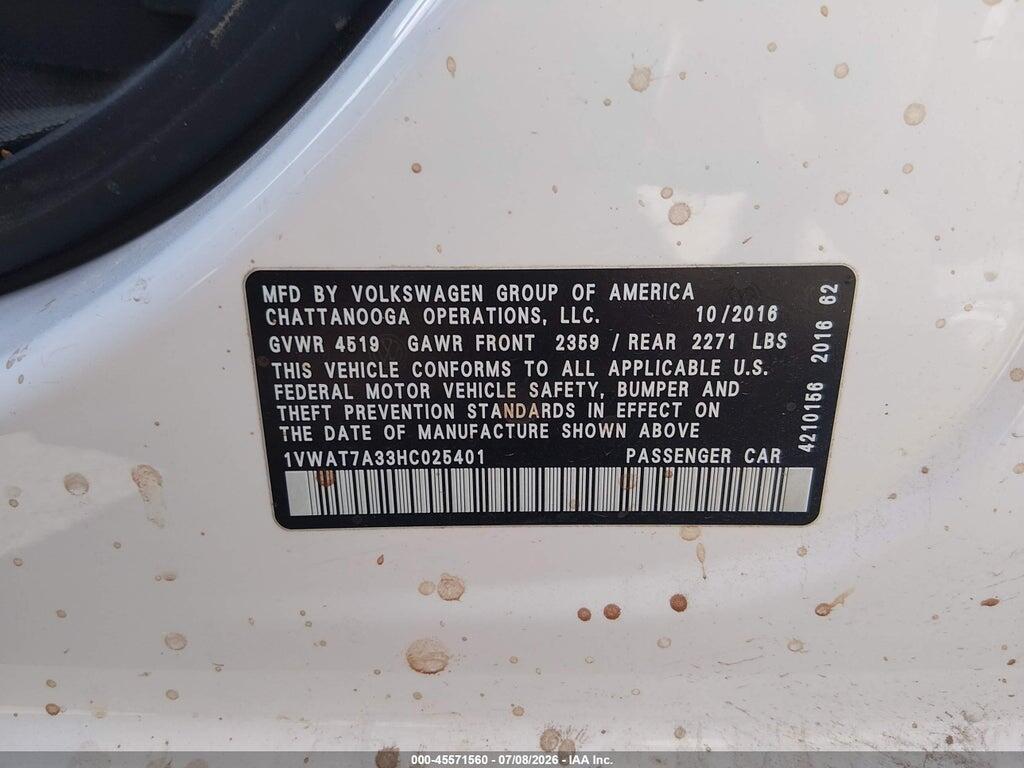 1VWAT7A33HC025401 2017 VOLKSWAGEN PASSAT photo no. 9
