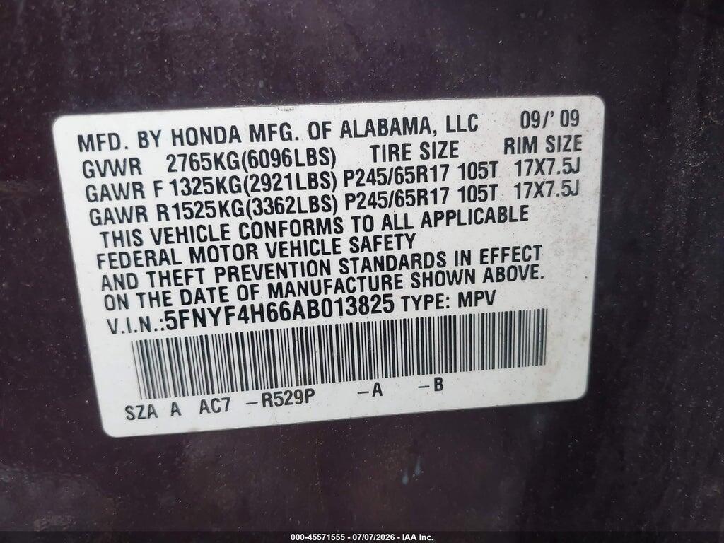 5FNYF4H66AB013825 2010 HONDA PILOT photo no. 9