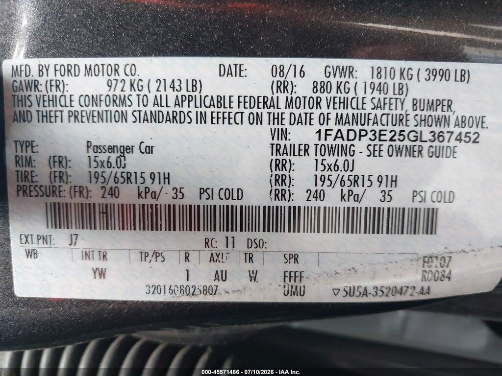 1FADP3E25GL367452 2016 FORD FOCUS photo no. 9