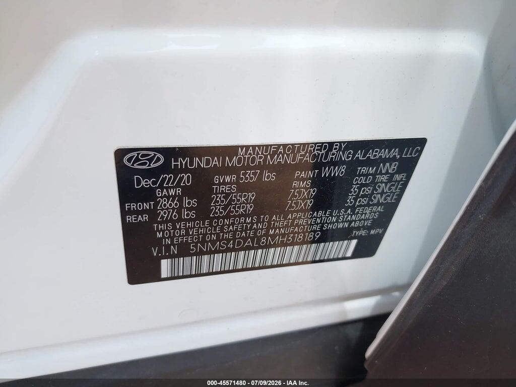 5NMS4DAL8MH318189 2021 HYUNDAI SANTA FE photo no. 9