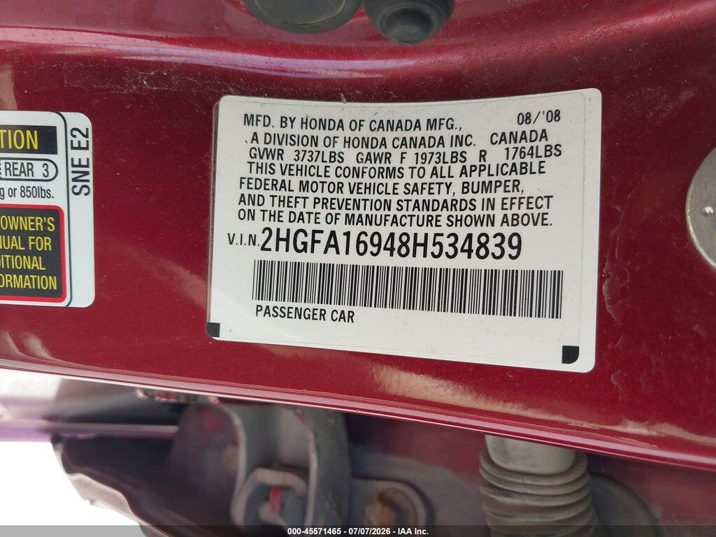 2HGFA16948H534839 2008 HONDA CIVIC photo no. 9