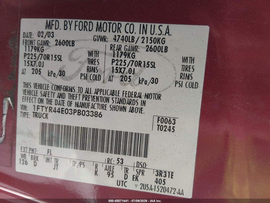 1FTYR44E03PB03386 2003 FORD RANGER photo no. 9