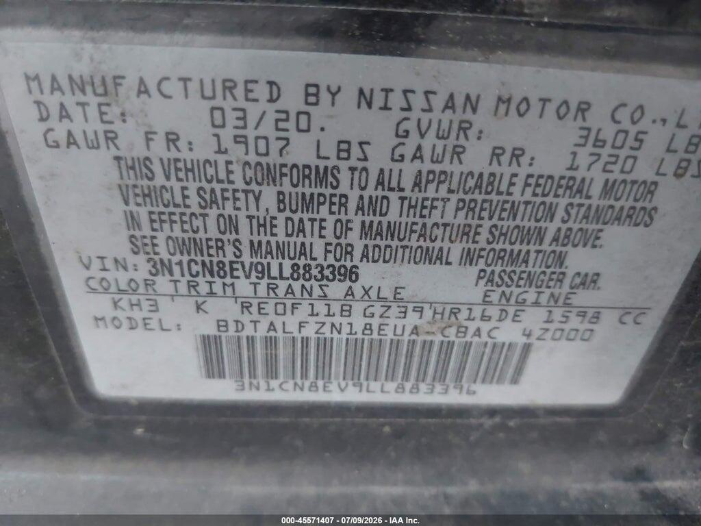 3N1CN8EV9LL883396 2020 NISSAN VERSA photo no. 9
