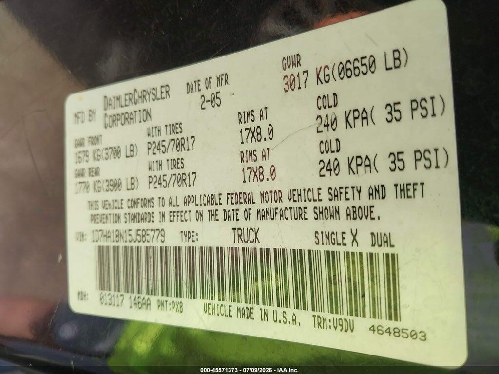 1D7HA18N15J585779 2005 DODGE RAM 1500 photo no. 9