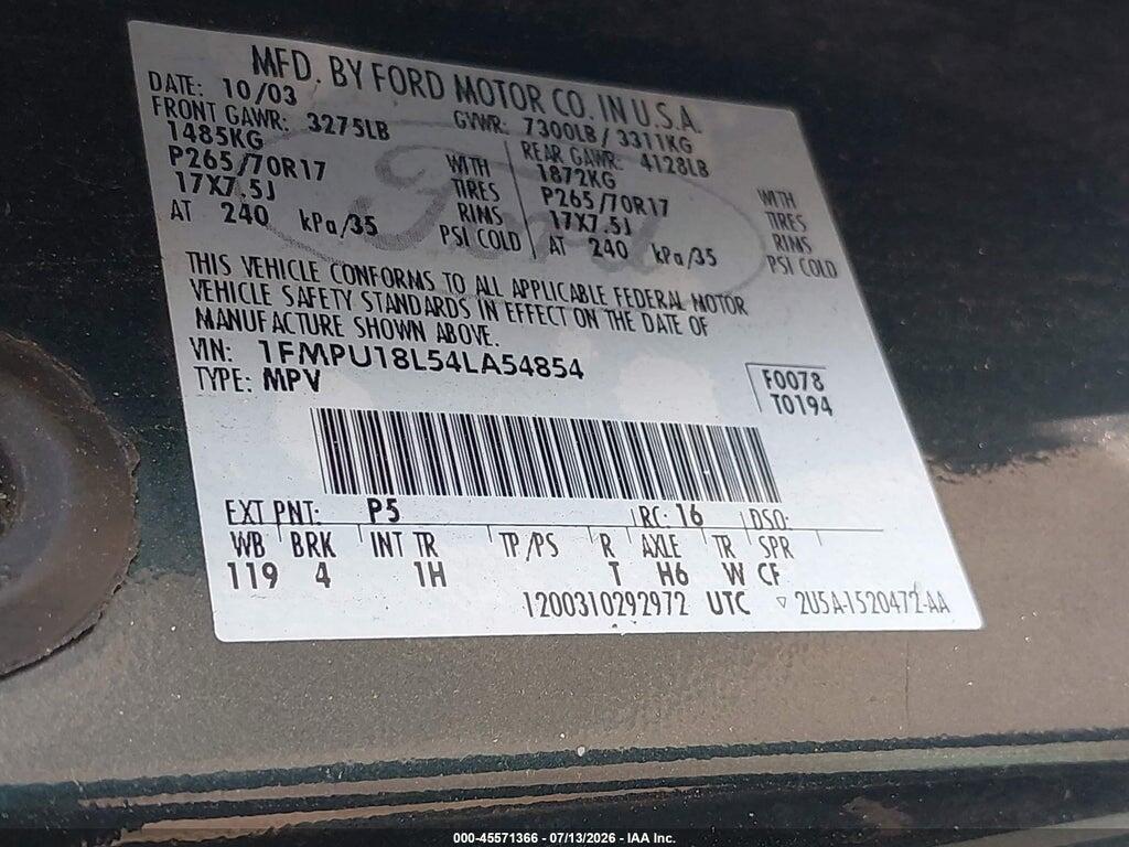 1FMPU18L54LA54854 2004 FORD EXPEDITION photo no. 9