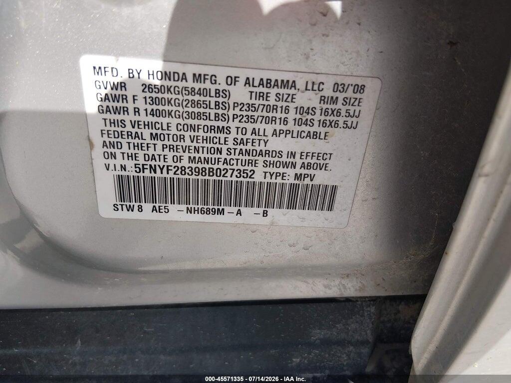 5FNYF28398B027352 2008 HONDA PILOT photo no. 9