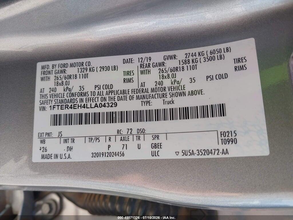 1FTER4EH4LLA04329 2020 FORD RANGER photo no. 9