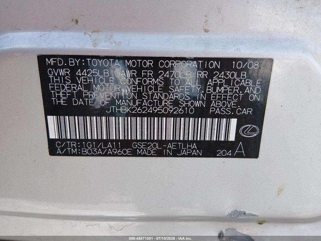 JTHBK262495092610 2009 LEXUS IS 250 photo no. 9