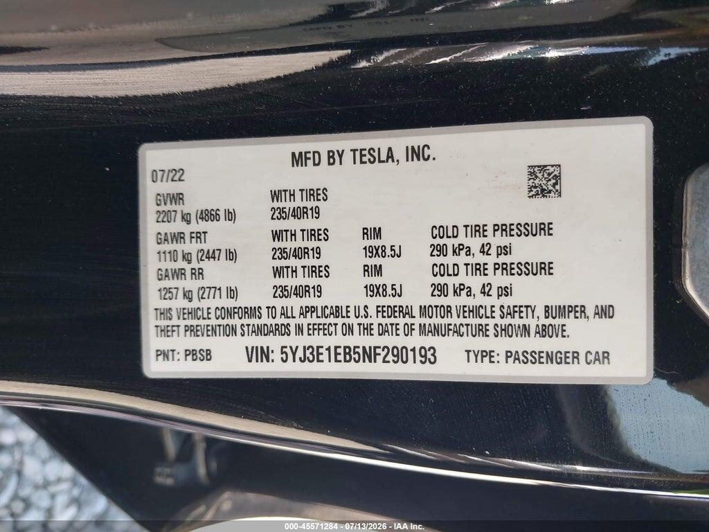 5YJ3E1EB5NF290193 2022 TESLA MODEL 3 photo no. 9
