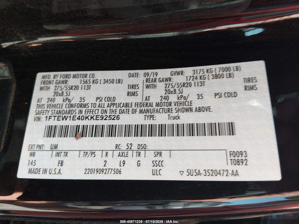 1FTEW1E40KKE92526 2019 FORD F-150 photo no. 9