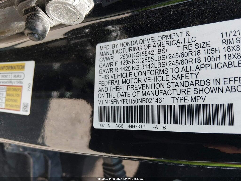 5FNYF6H50NB021461 2022 HONDA PILOT photo no. 9