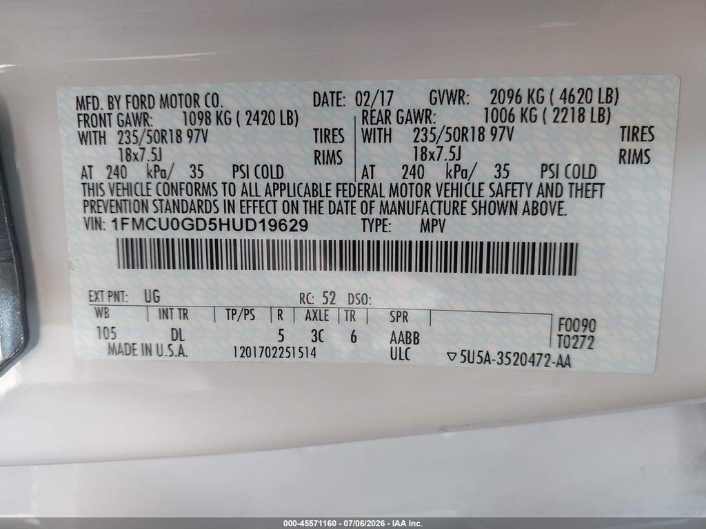 1FMCU0GD5HUD19629 2017 FORD ESCAPE photo no. 9