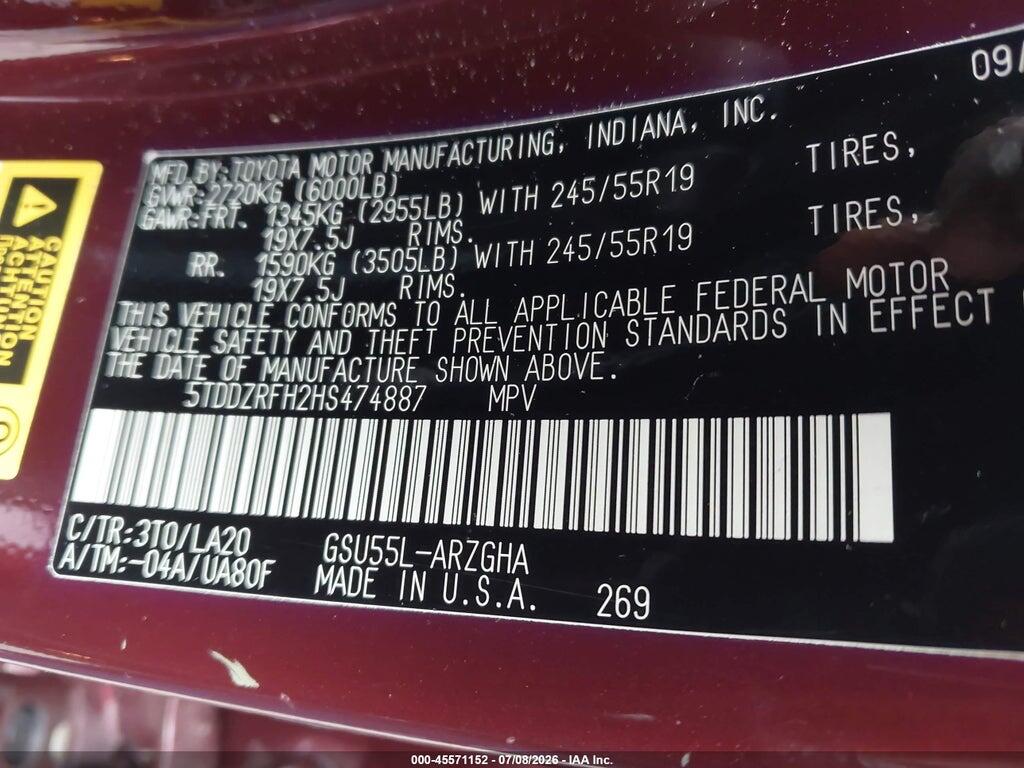 5TDDZRFH2HS474887 2017 TOYOTA HIGHLANDER photo no. 9