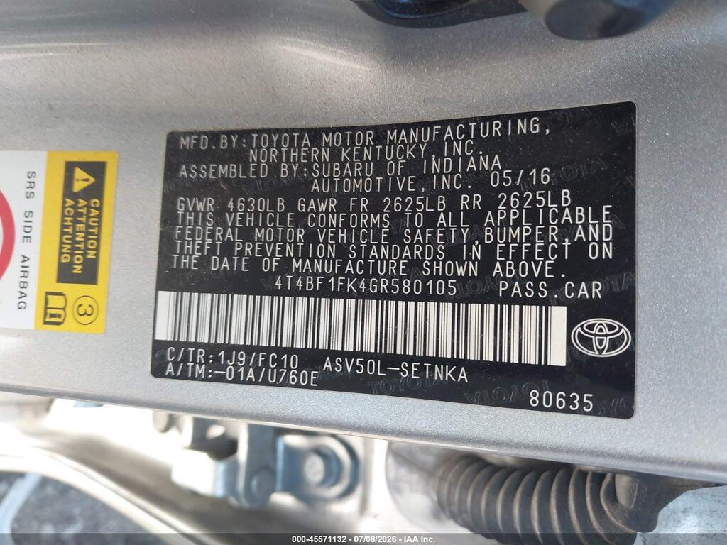 4T4BF1FK4GR580105 2016 TOYOTA CAMRY photo no. 9