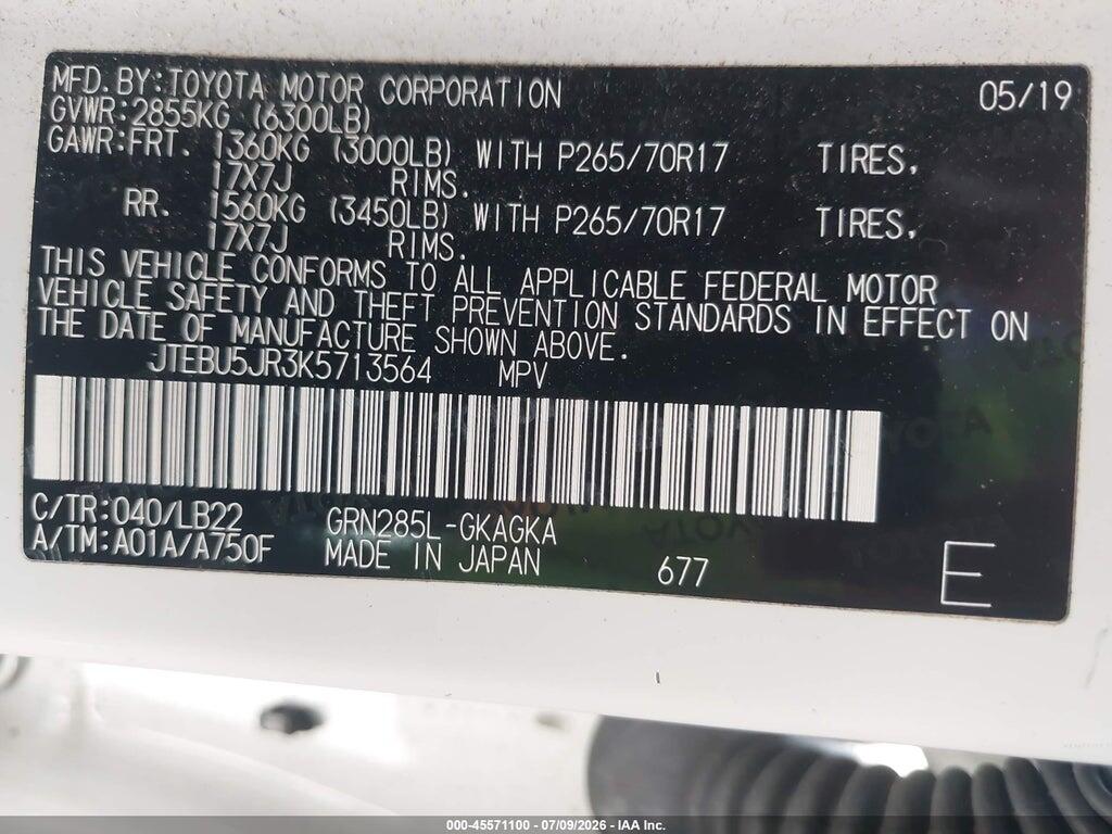 JTEBU5JR3K5713564 2019 TOYOTA 4RUNNER photo no. 9