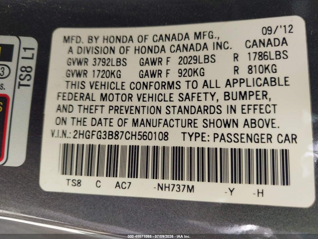 2HGFG3B87CH560108 2012 HONDA CIVIC photo no. 9