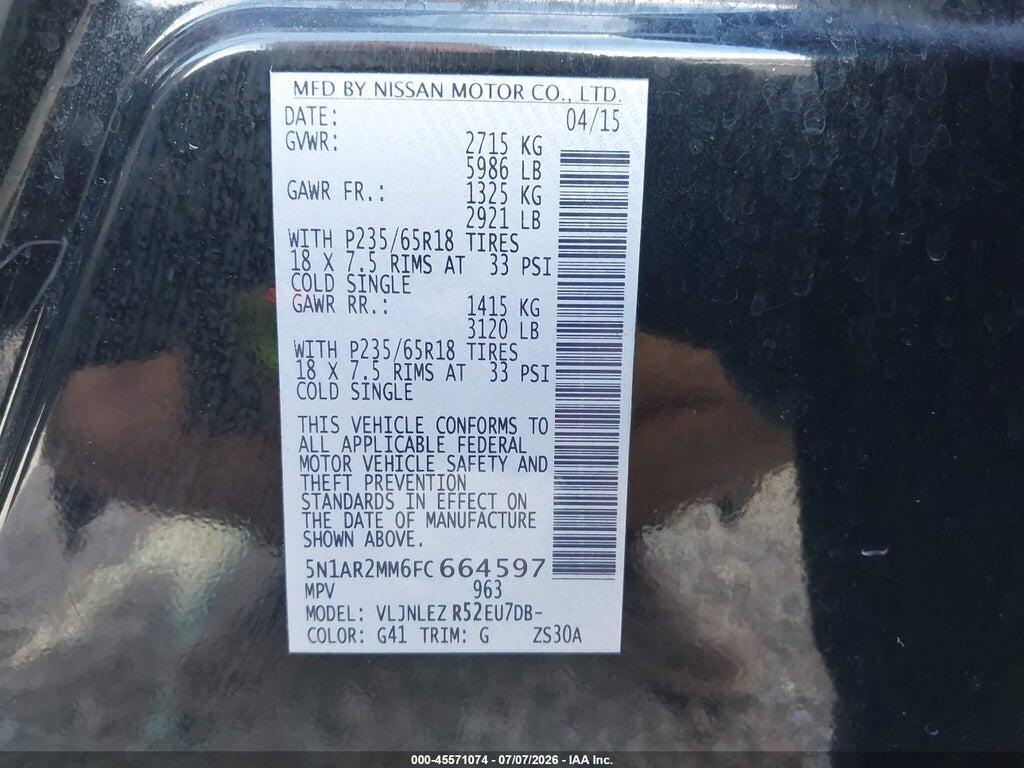 5N1AR2MM6FC664597 2015 NISSAN PATHFINDER photo no. 9