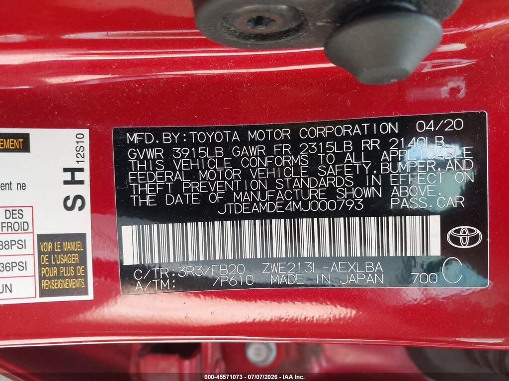 JTDEAMDE4MJ000793 2021 TOYOTA COROLLA photo no. 9