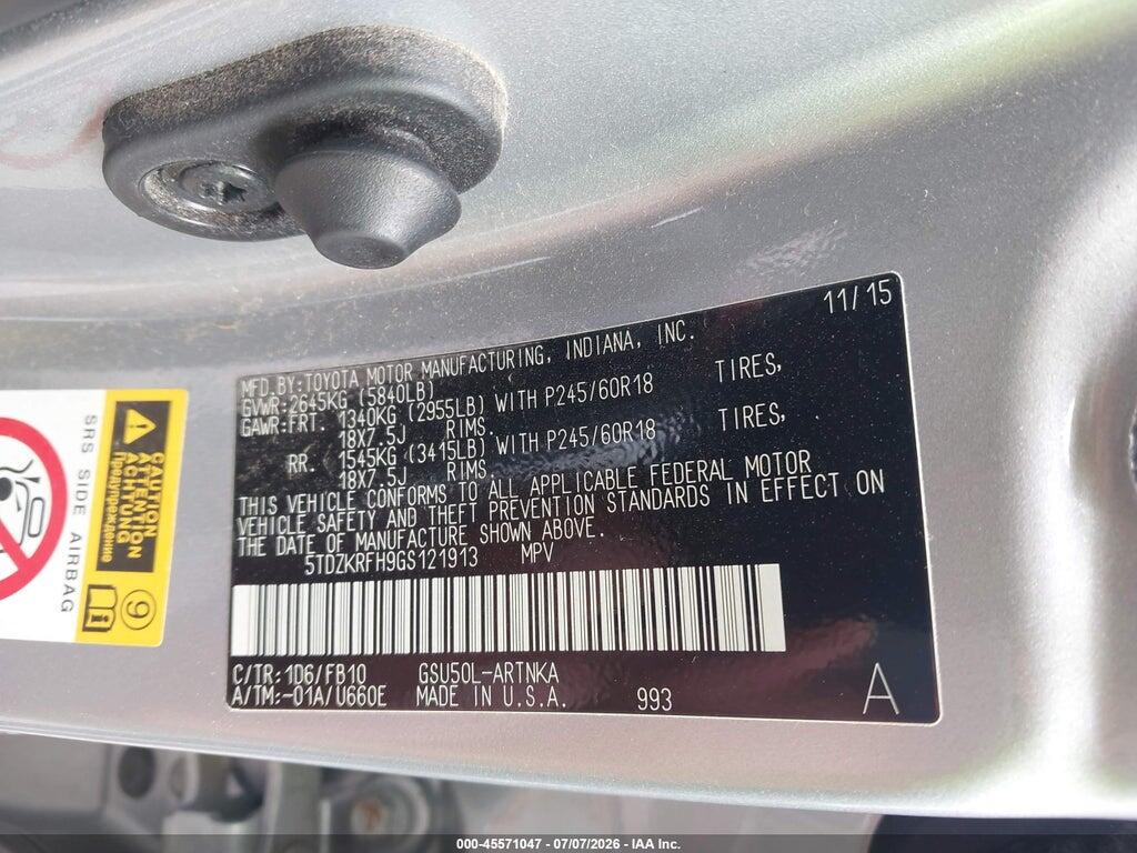 5TDZKRFH9GS121913 2016 TOYOTA HIGHLANDER photo no. 9