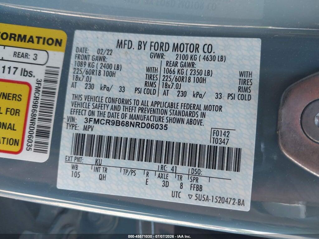 3FMCR9B68NRD06035 2022 FORD BRONCO SPORT photo no. 9