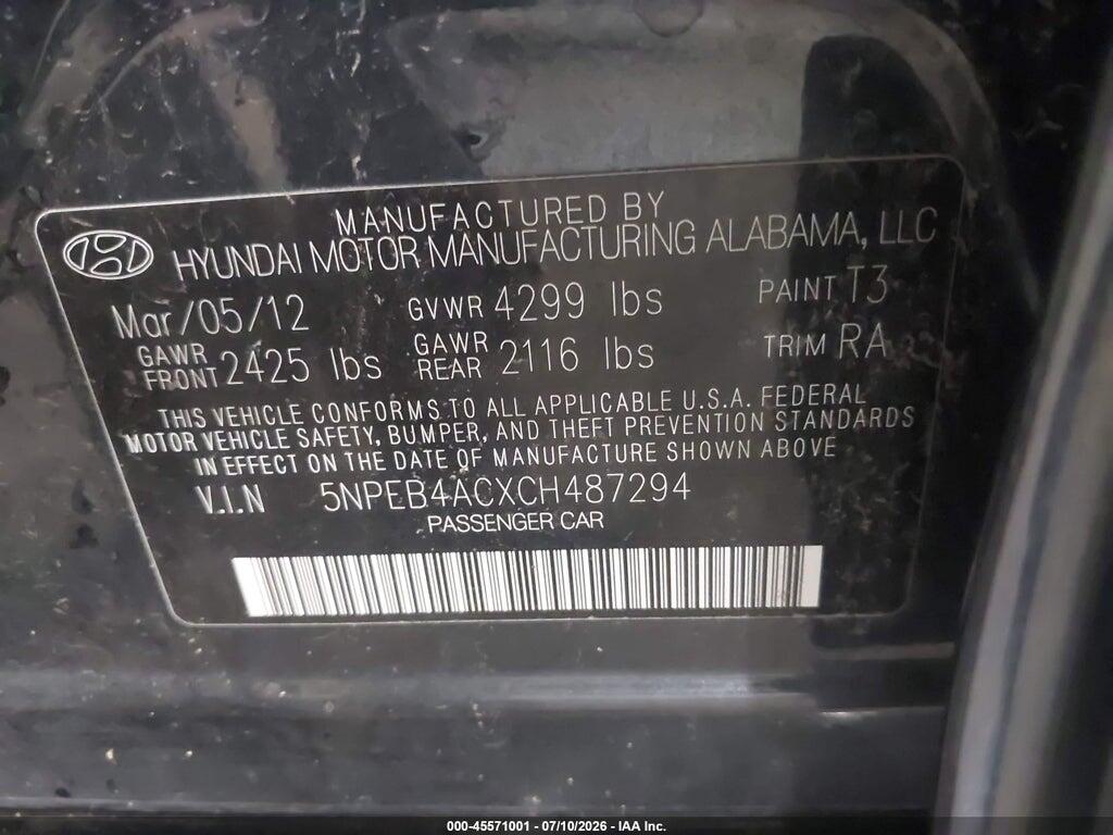 5NPEB4ACXCH487294 2012 HYUNDAI SONATA photo no. 9