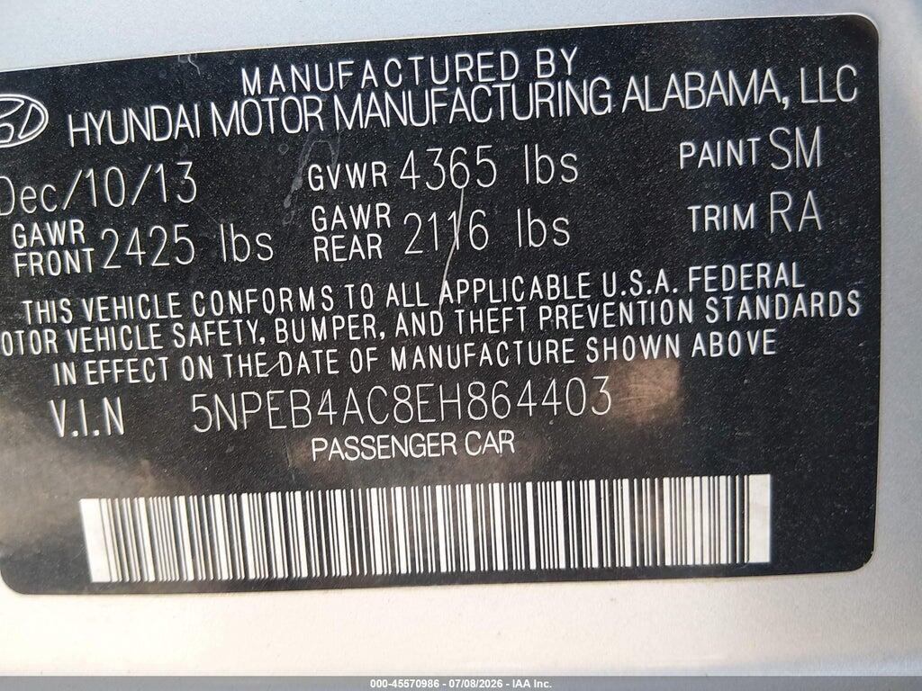 5NPEB4AC8EH864403 2014 HYUNDAI SONATA photo no. 9