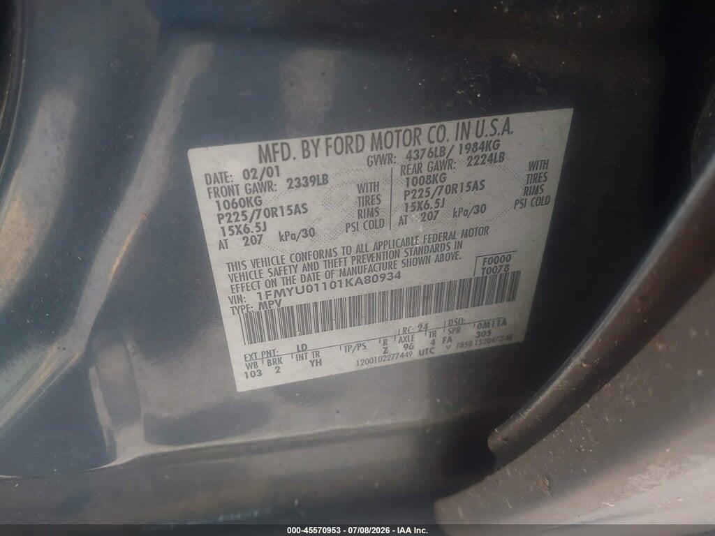 1FMYU01101KA80934 2001 FORD ESCAPE photo no. 9