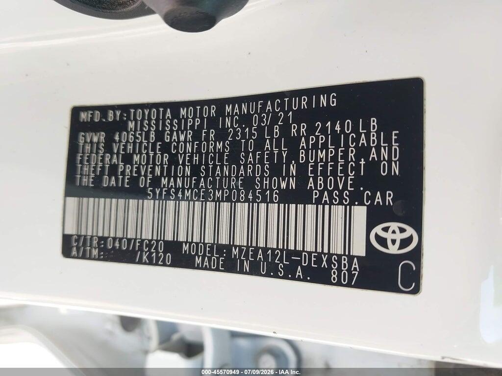 5YFS4MCE3MP084516 2021 TOYOTA COROLLA photo no. 9