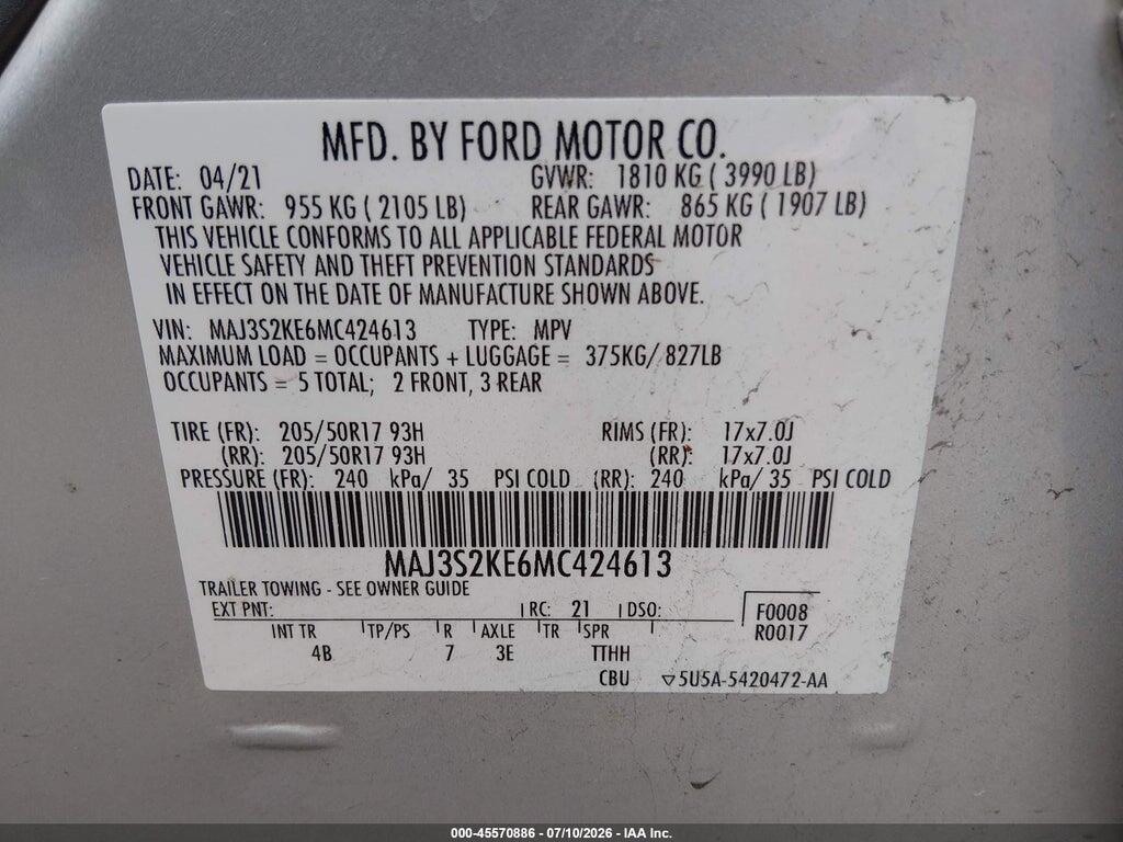 MAJ3S2KE6MC424613 2021 FORD ECOSPORT photo no. 9