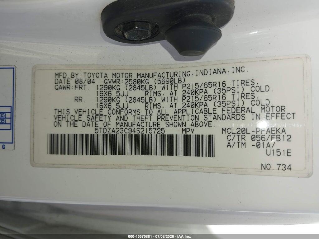 5TDZA23C94S215725 2004 TOYOTA SIENNA photo no. 9