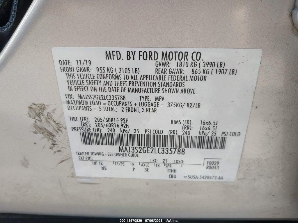 MAJ3S2GE2LC335788 2020 FORD ECOSPORT photo no. 9