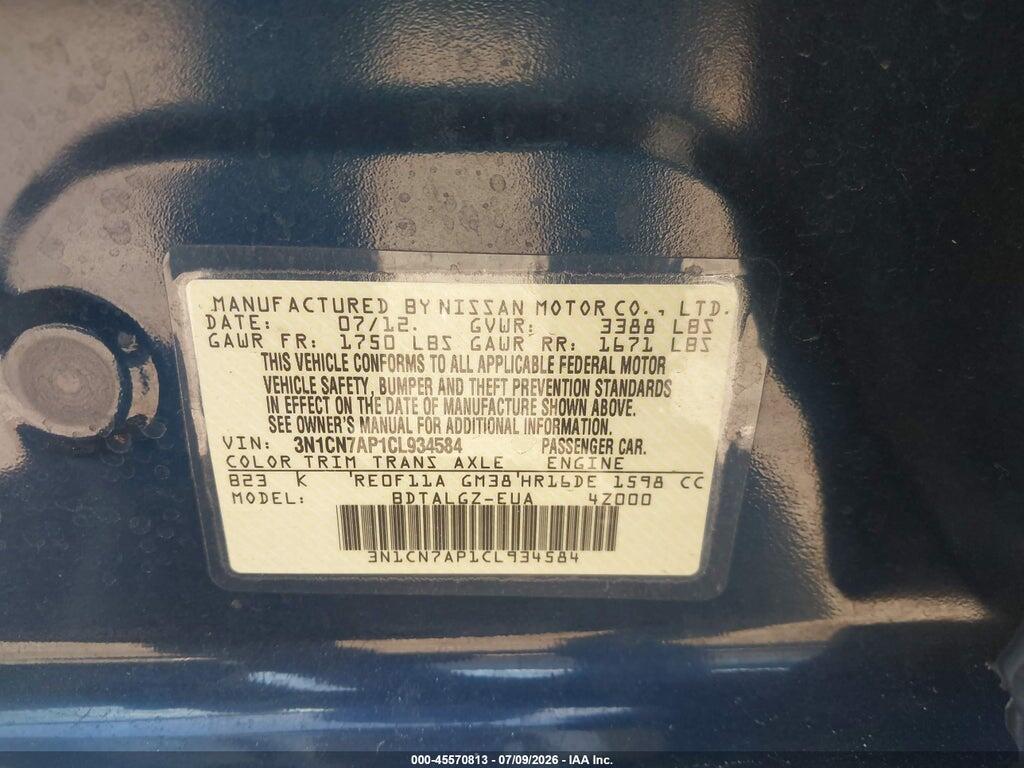 3N1CN7AP1CL934584 2012 NISSAN VERSA photo no. 9