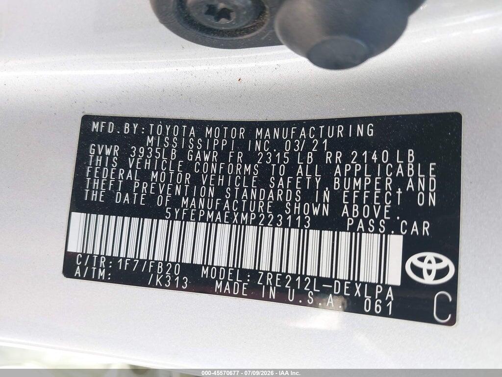 5YFEPMAEXMP223113 2021 TOYOTA COROLLA photo no. 9