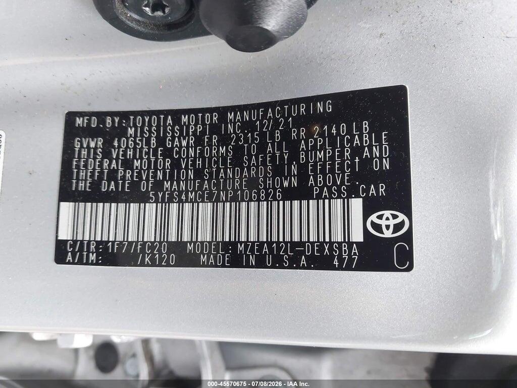 5YFS4MCE7NP106826 2022 TOYOTA COROLLA photo no. 9