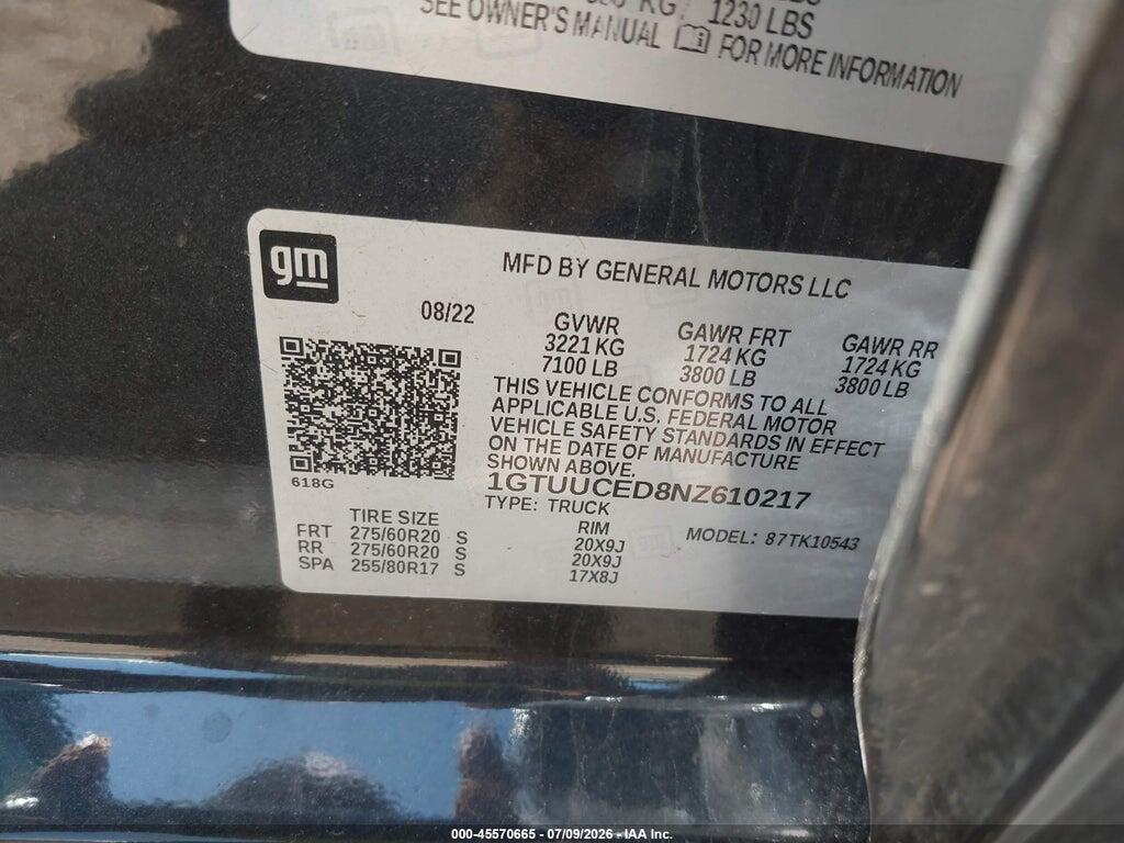 1GTUUCED8NZ610217 2022 GMC SIERRA 1500 photo no. 9