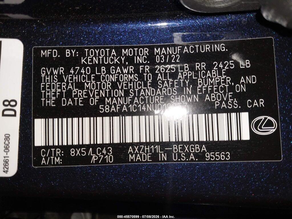 58AFA1C14NU019057 2022 LEXUS ES 300H photo no. 9