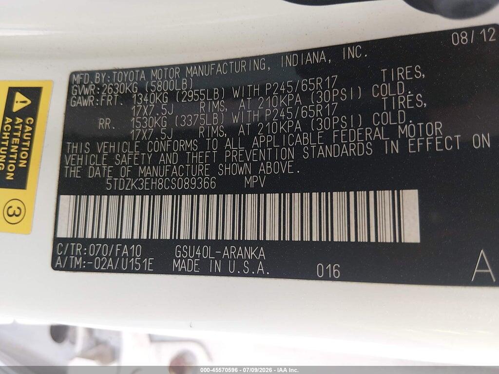 5TDZK3EH8CS089366 2012 TOYOTA HIGHLANDER photo no. 9