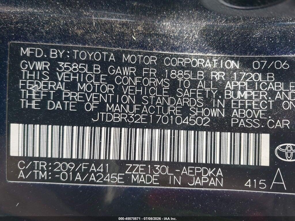 JTDBR32E170104502 2007 TOYOTA COROLLA photo no. 9