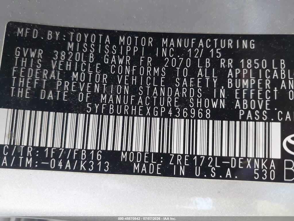 5YFBURHEXGP436968 2016 TOYOTA COROLLA photo no. 9
