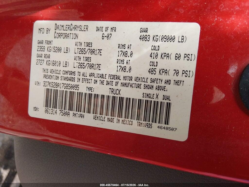 3D7KS28A17G850095 2007 DODGE RAM 2500 photo no. 9