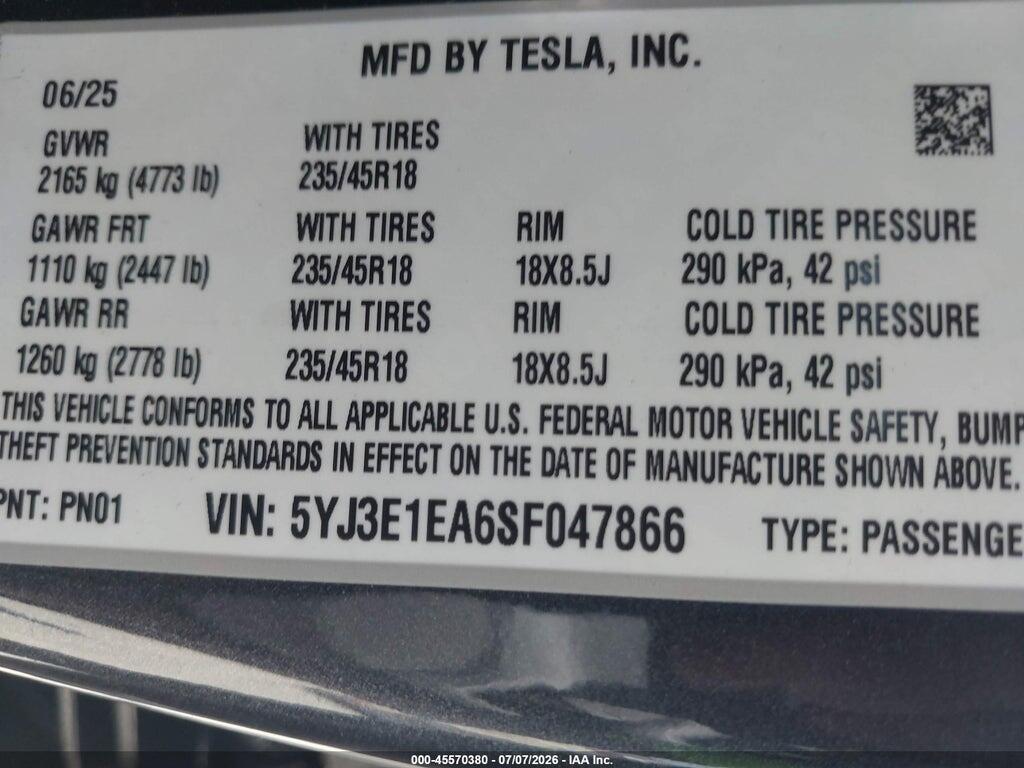 5YJ3E1EA6SF047866 2025 TESLA MODEL 3 photo no. 9