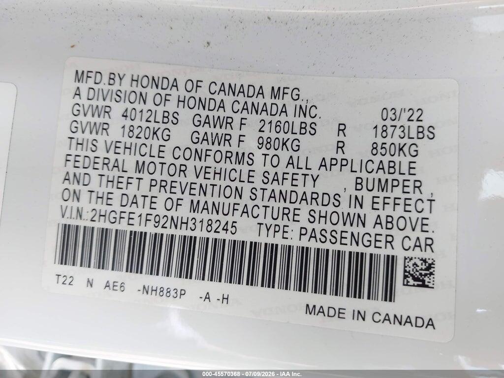 2HGFE1F92NH318245 2022 HONDA CIVIC photo no. 9