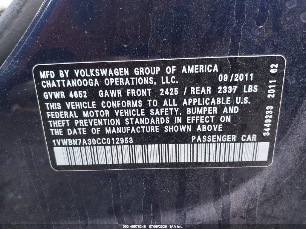 1VWBN7A30CC012953 2012 VOLKSWAGEN PASSAT photo no. 9