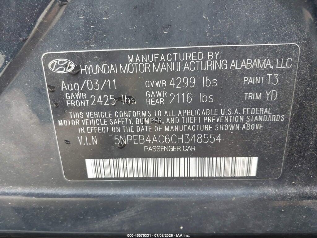 5NPEB4AC6CH348554 2012 HYUNDAI SONATA photo no. 9