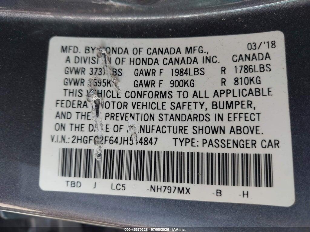 2HGFC2F64JH544847 2018 HONDA CIVIC photo no. 9